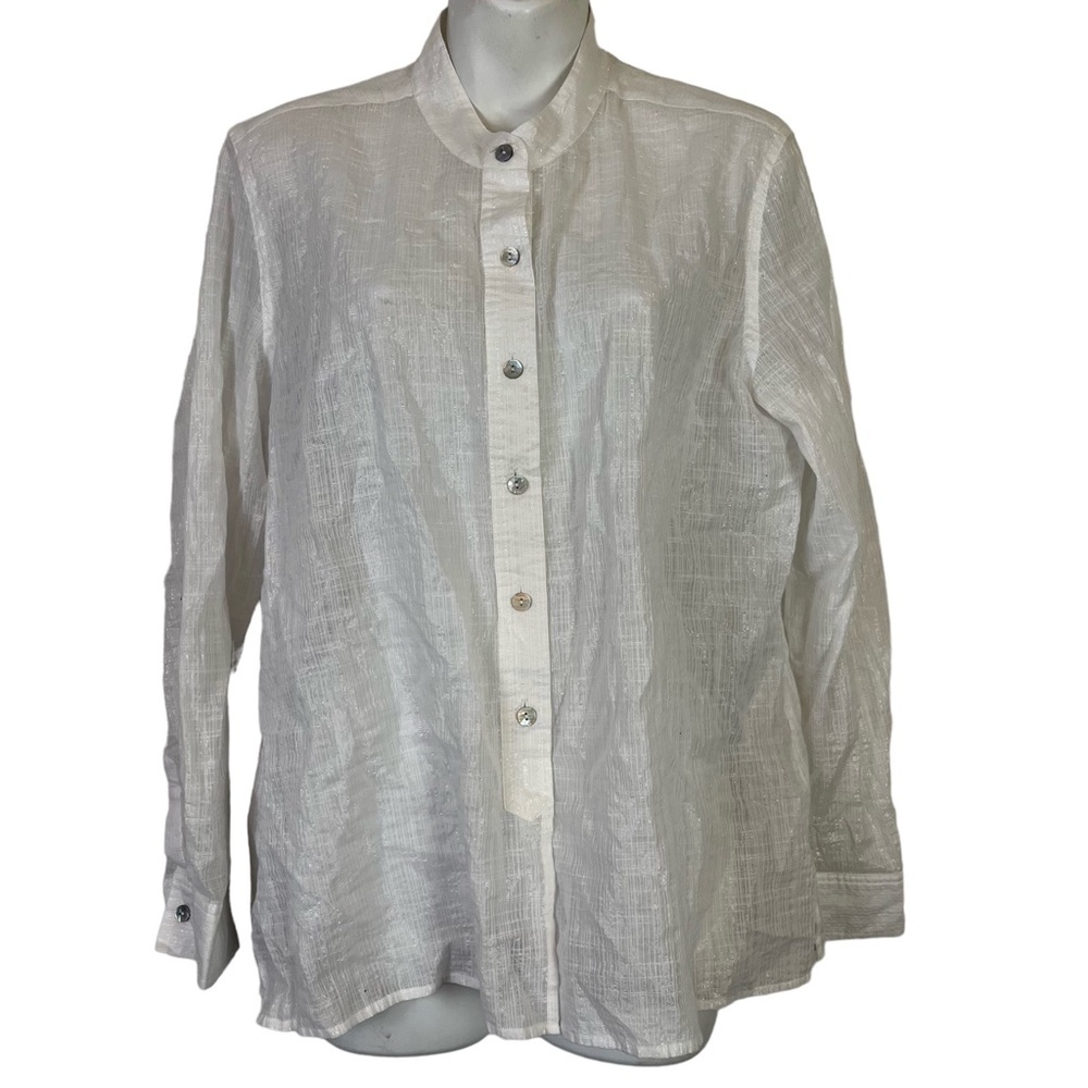 CHICOS White Metallic Stripe Lightweight Long Sleeve Casual Button Down Shirt 2